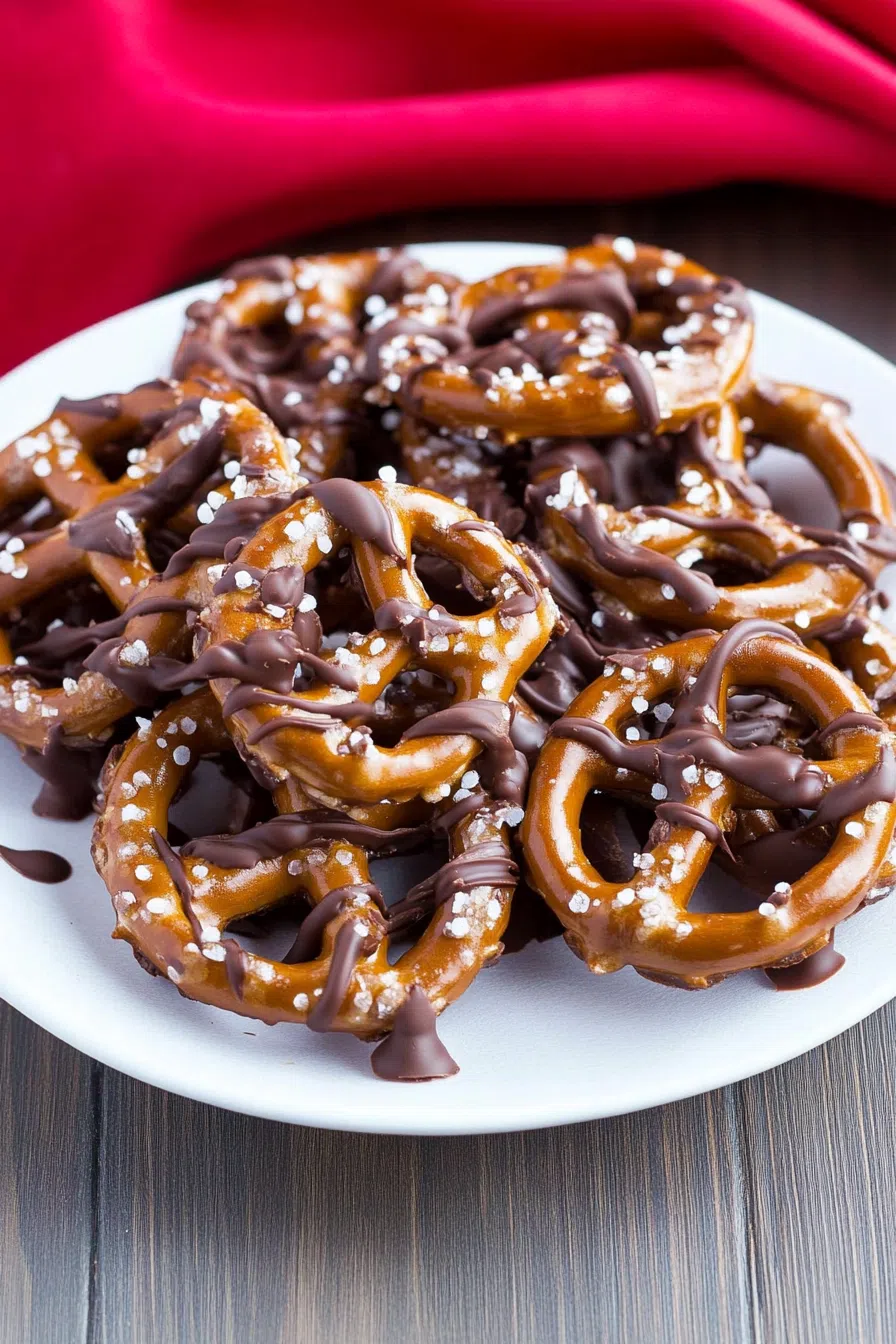 Dessert platter stacked with crunchy, candy-coated pretzel snacks.