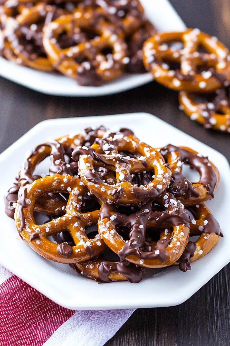 Close-up of chocolate-dipped pretzels drizzled with caramel and sprinkled with sea salt.