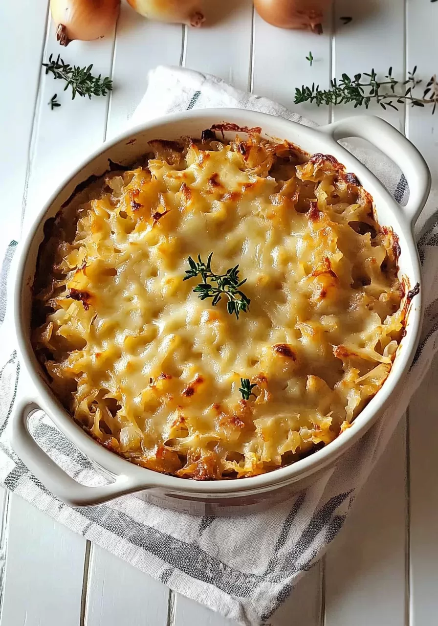 A bubbling, golden-brown casserole with melted cheese on top, garnished with fresh thyme for a cozy dinner feel.