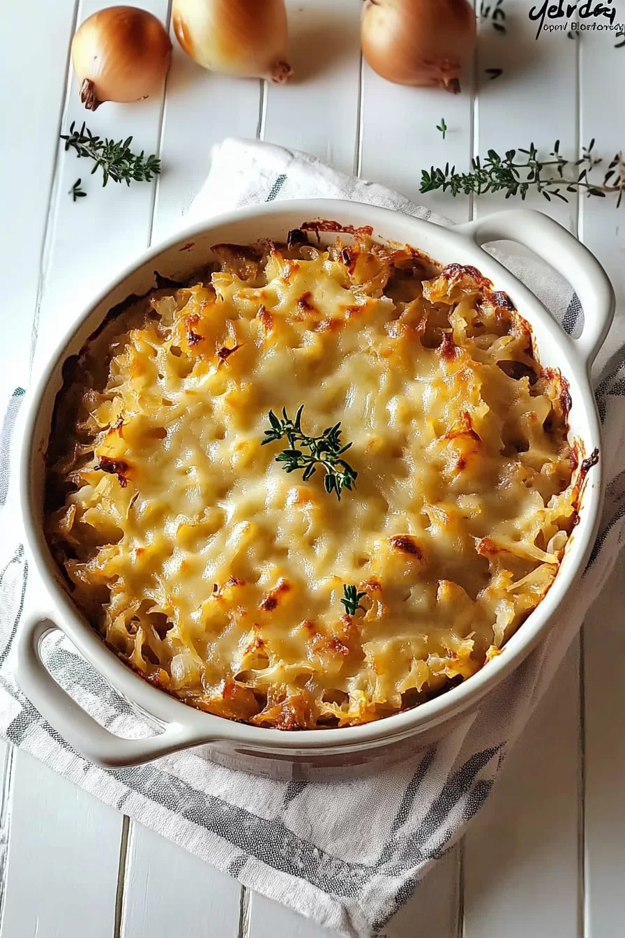 A bubbling, golden-brown casserole with melted cheese on top, garnished with fresh thyme for a cozy dinner feel.