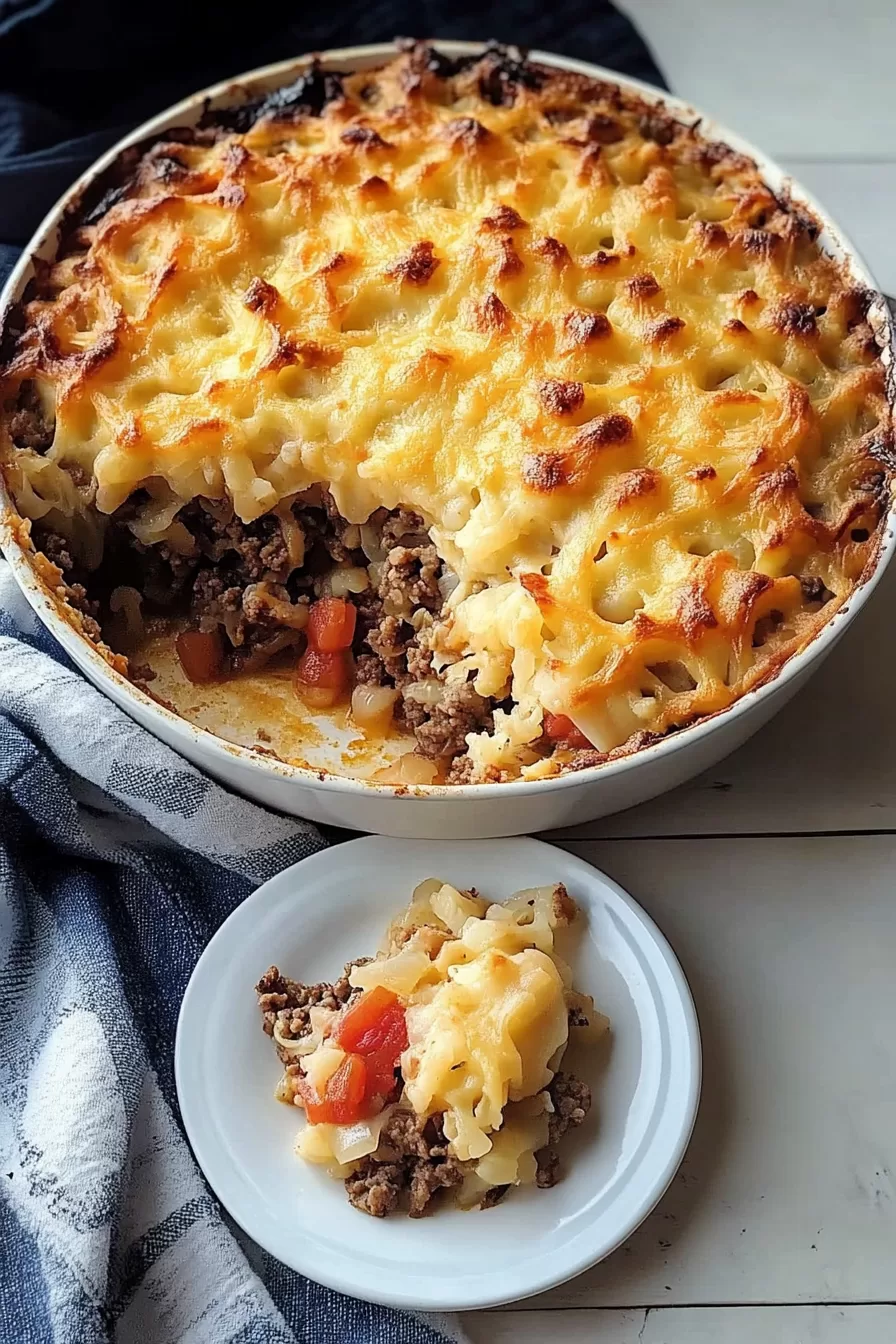 Overhead shot of a baked casserole dish with crisp, cheesy edges and hearty layers of ground meat and sauerkraut.