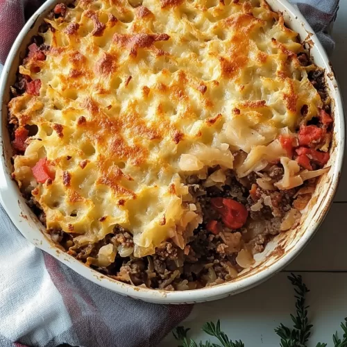 Close-up view of the casserole, showcasing tender meat filling, melted cheese topping, and hints of tomato and onion.