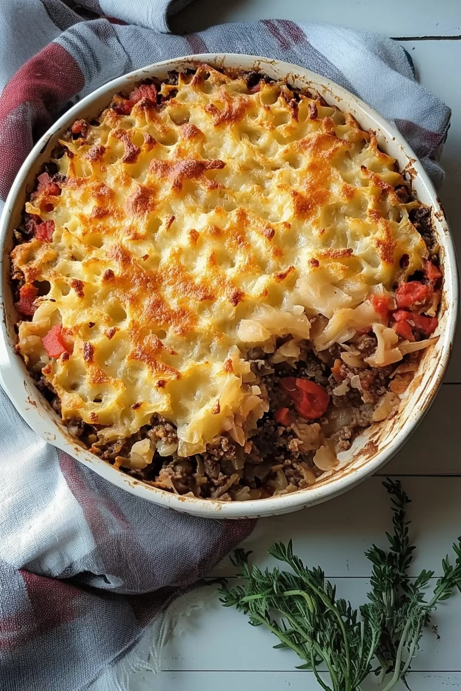 Close-up view of the casserole, showcasing tender meat filling, melted cheese topping, and hints of tomato and onion.