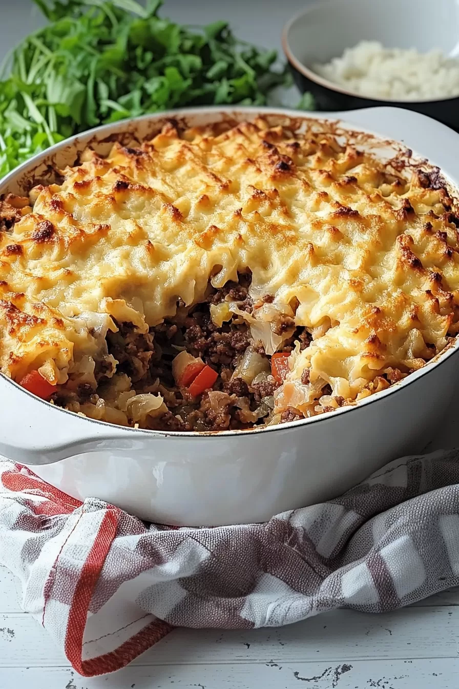 A hearty and rustic baked casserole in a white baking dish, served alongside fresh greens and a cozy kitchen towel.