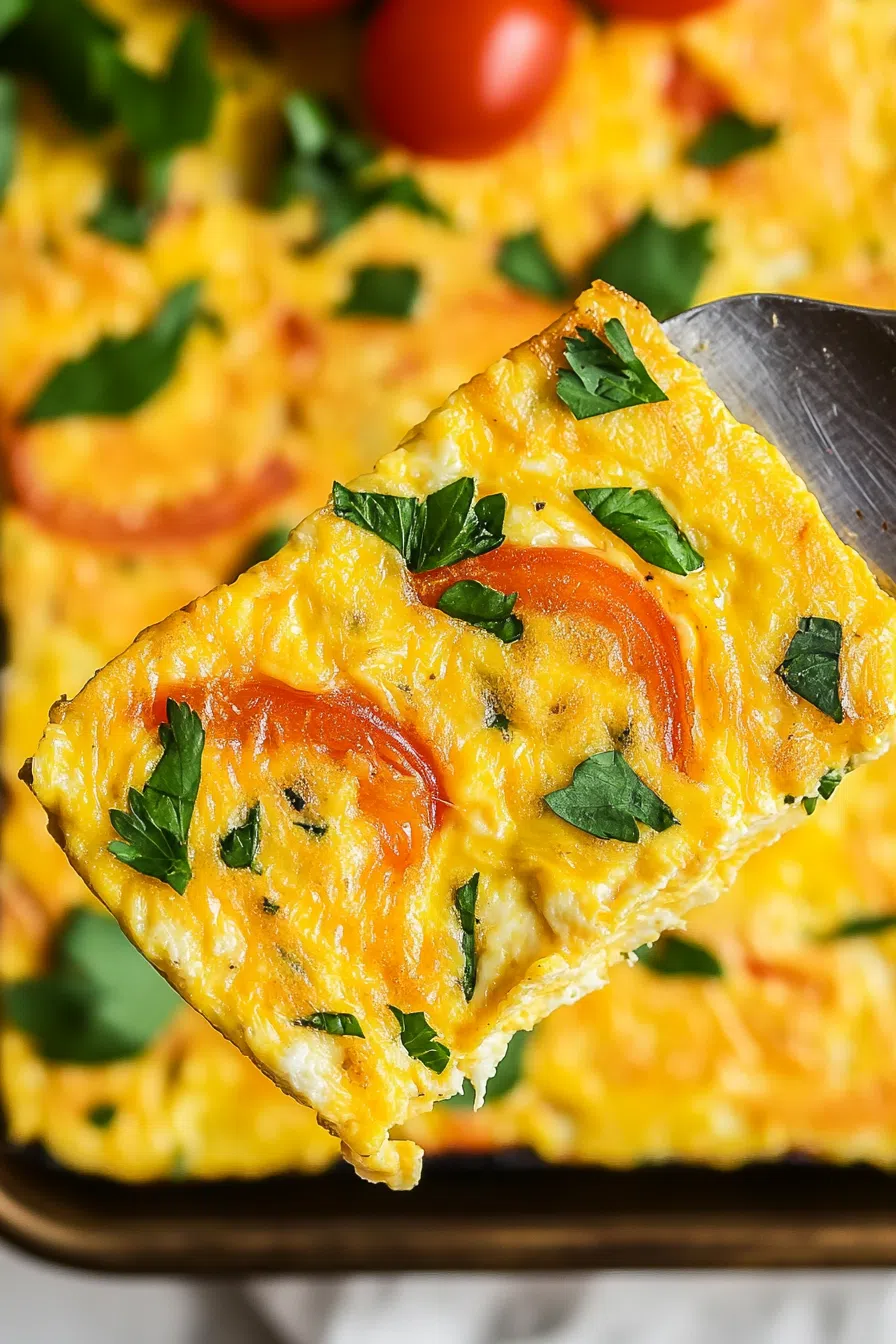 Overhead shot of a colorful baked egg dish sliced and ready to serve.
