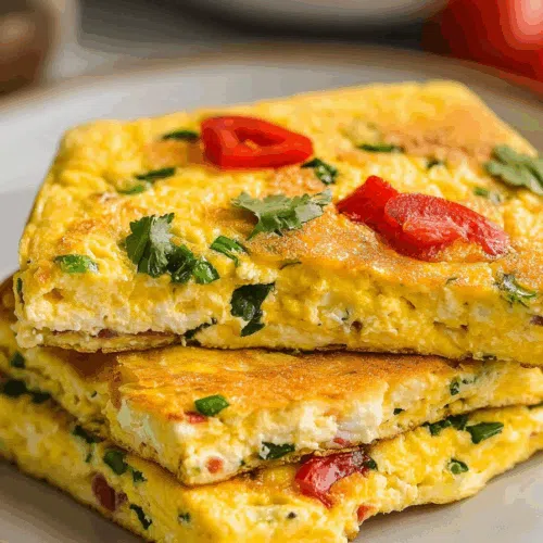 Close-up of a square slice showing layers of eggs, cheese, and peppers.