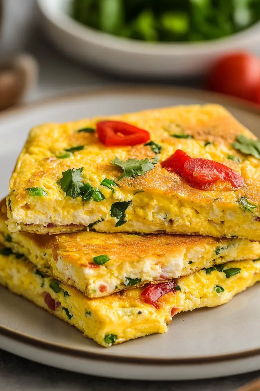 Close-up of a square slice showing layers of eggs, cheese, and peppers.