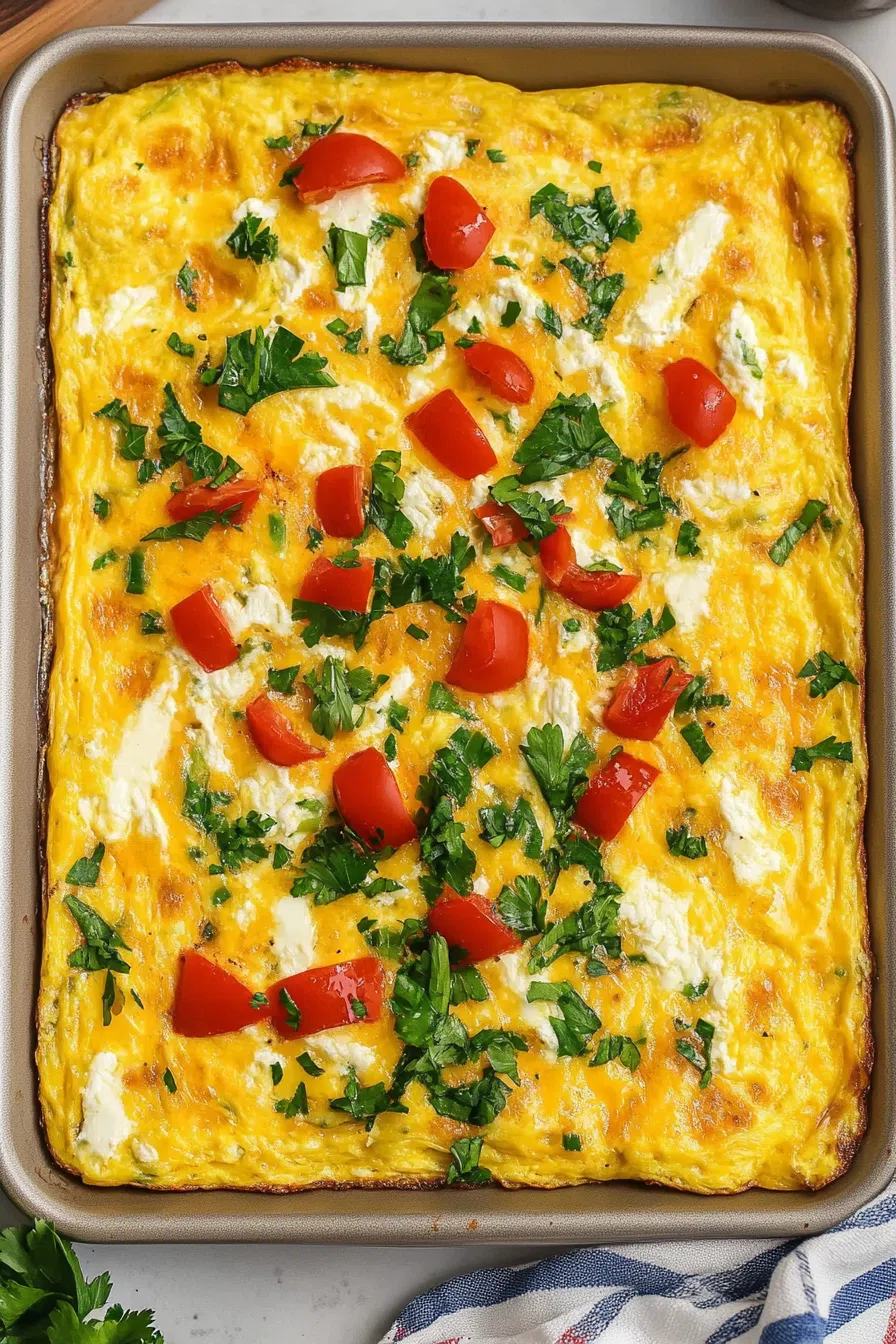 A tray of oven-baked eggs filled with diced vegetables and herbs.