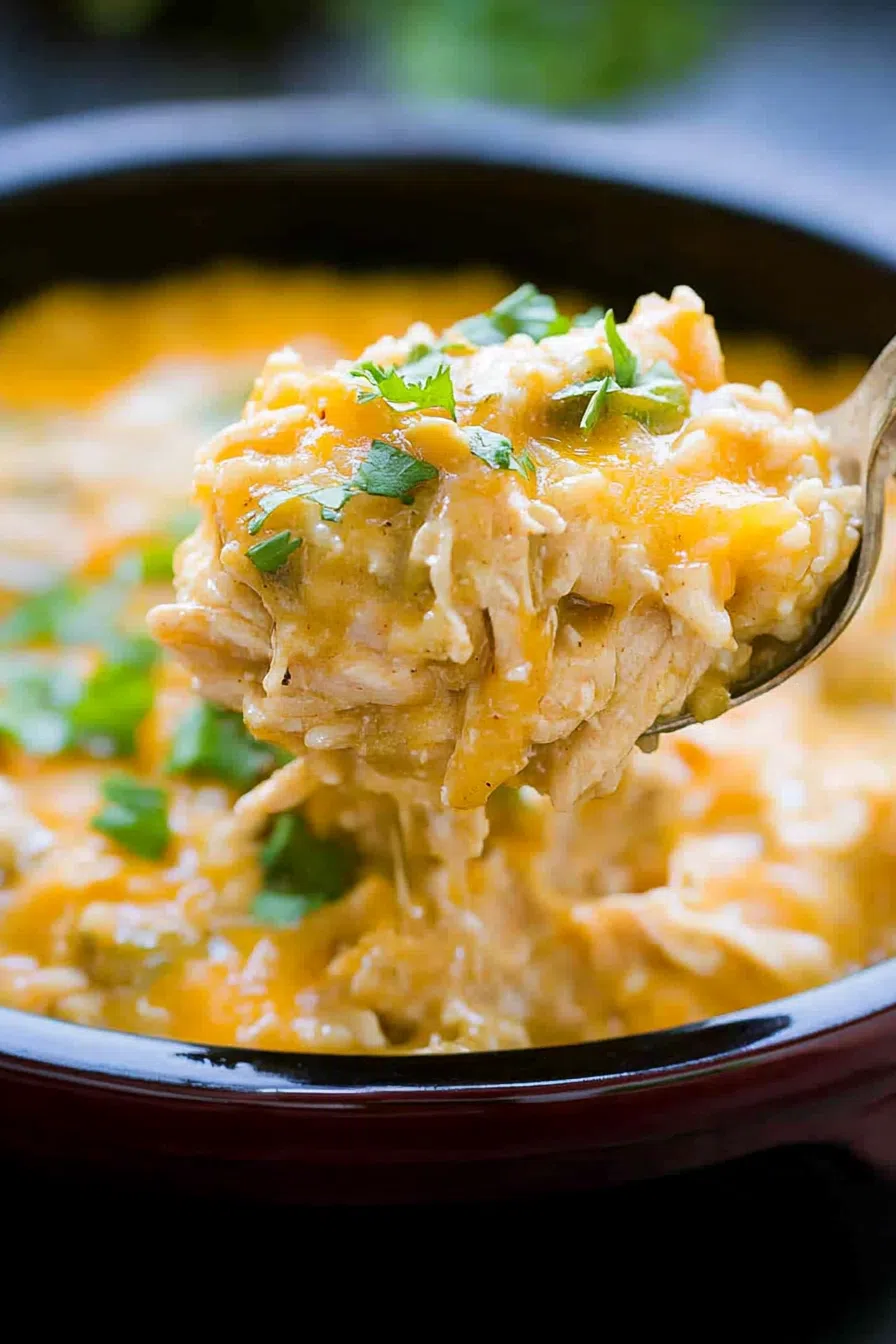 Close-up of a spoon scooping a hearty portion of casserole from a baking dish.