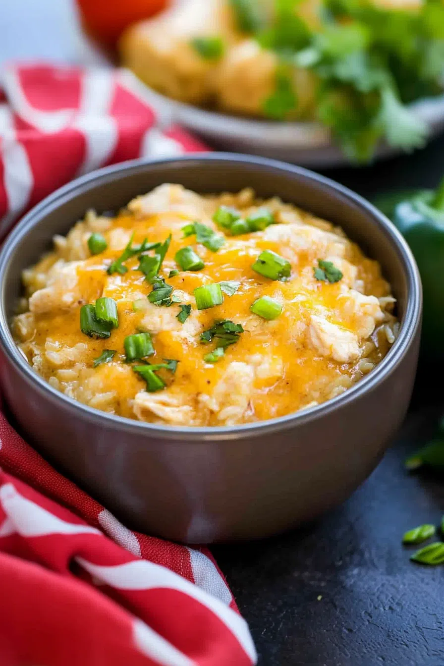 A comforting rice and chicken dish in a rustic bowl, ready to be enjoyed.