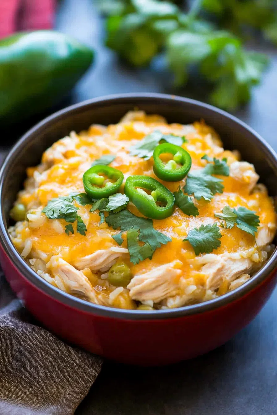 A casserole dish filled with creamy rice, melted cheese, and shredded chicken fresh out of the slow cooker.