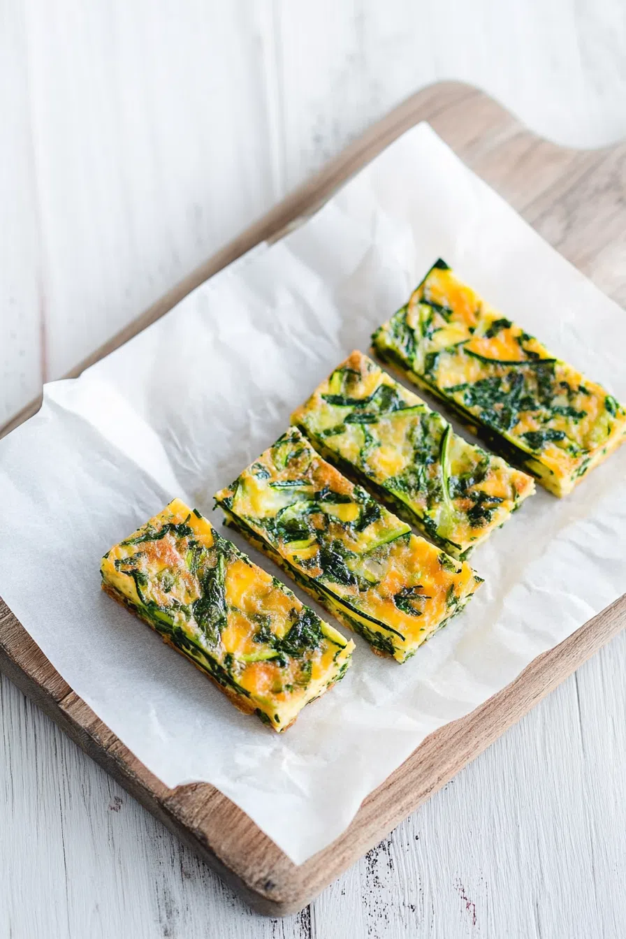 Cut squares of a baked egg dish styled with a rustic linen napkin.