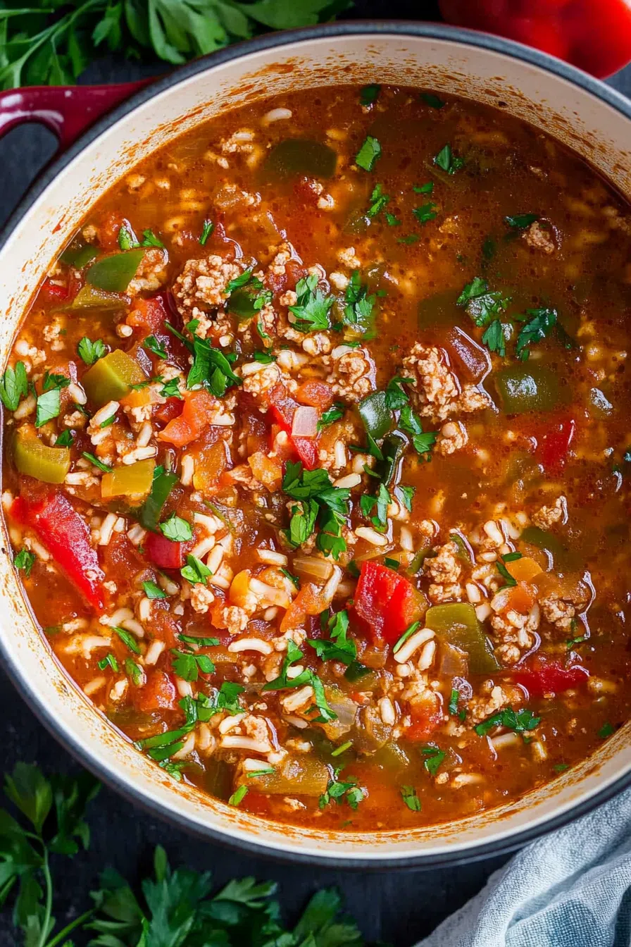 Close-up of a steaming bowl filled with a rich, chunky vegetable and beef soup.