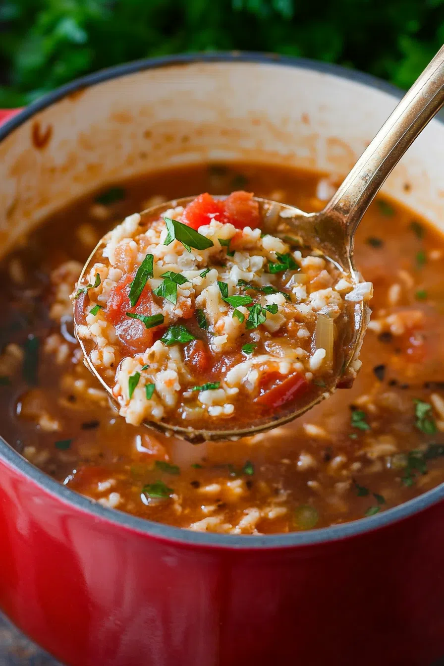 A spoonful of thick, homemade soup with rice, ground beef, and diced peppers.