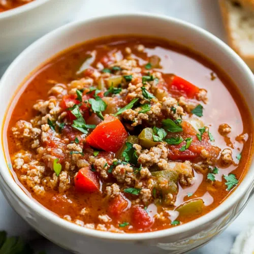 Warm, flavorful soup served in a white bowl, garnished with fresh herbs.