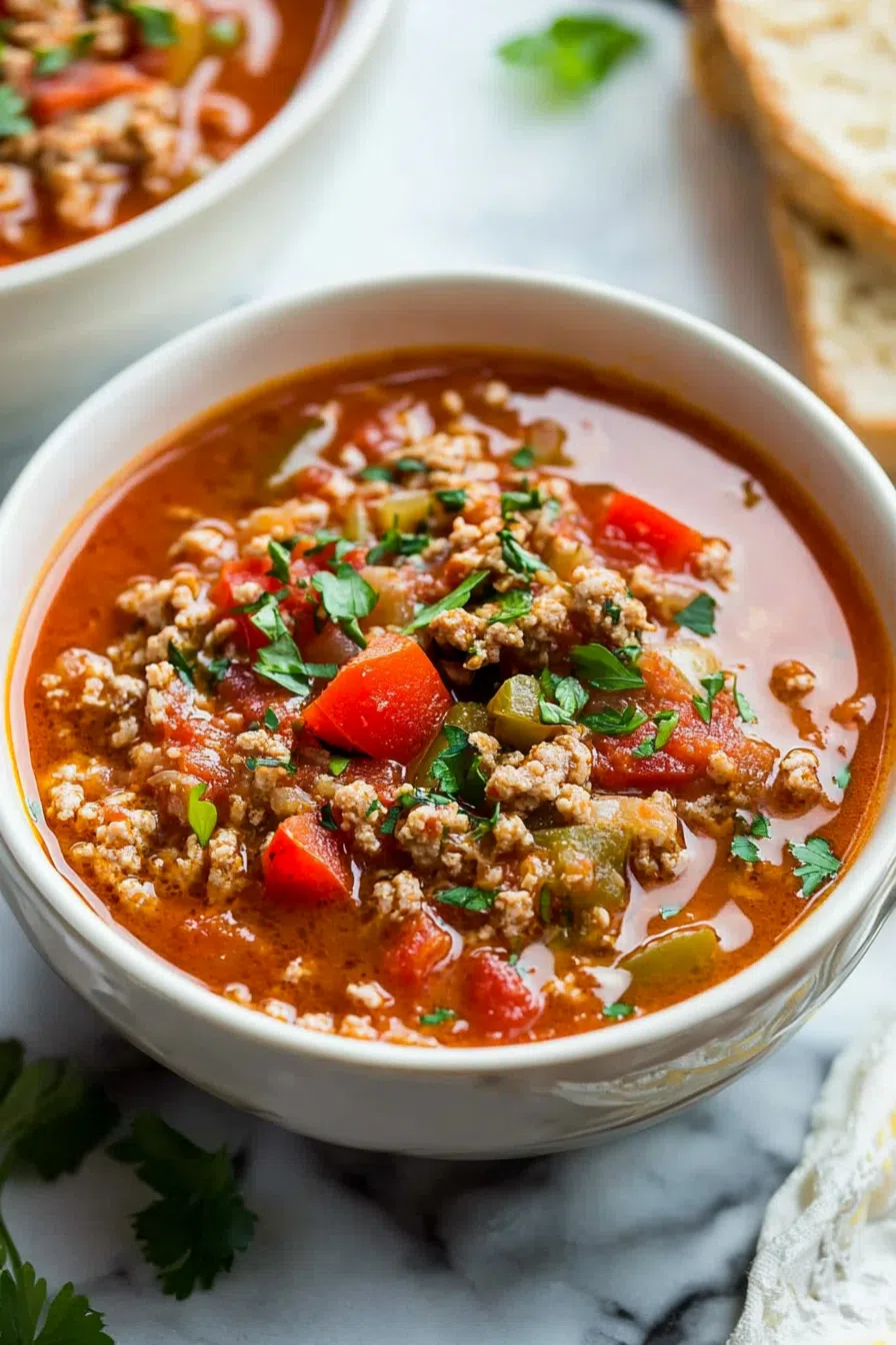 Warm, flavorful soup served in a white bowl, garnished with fresh herbs.