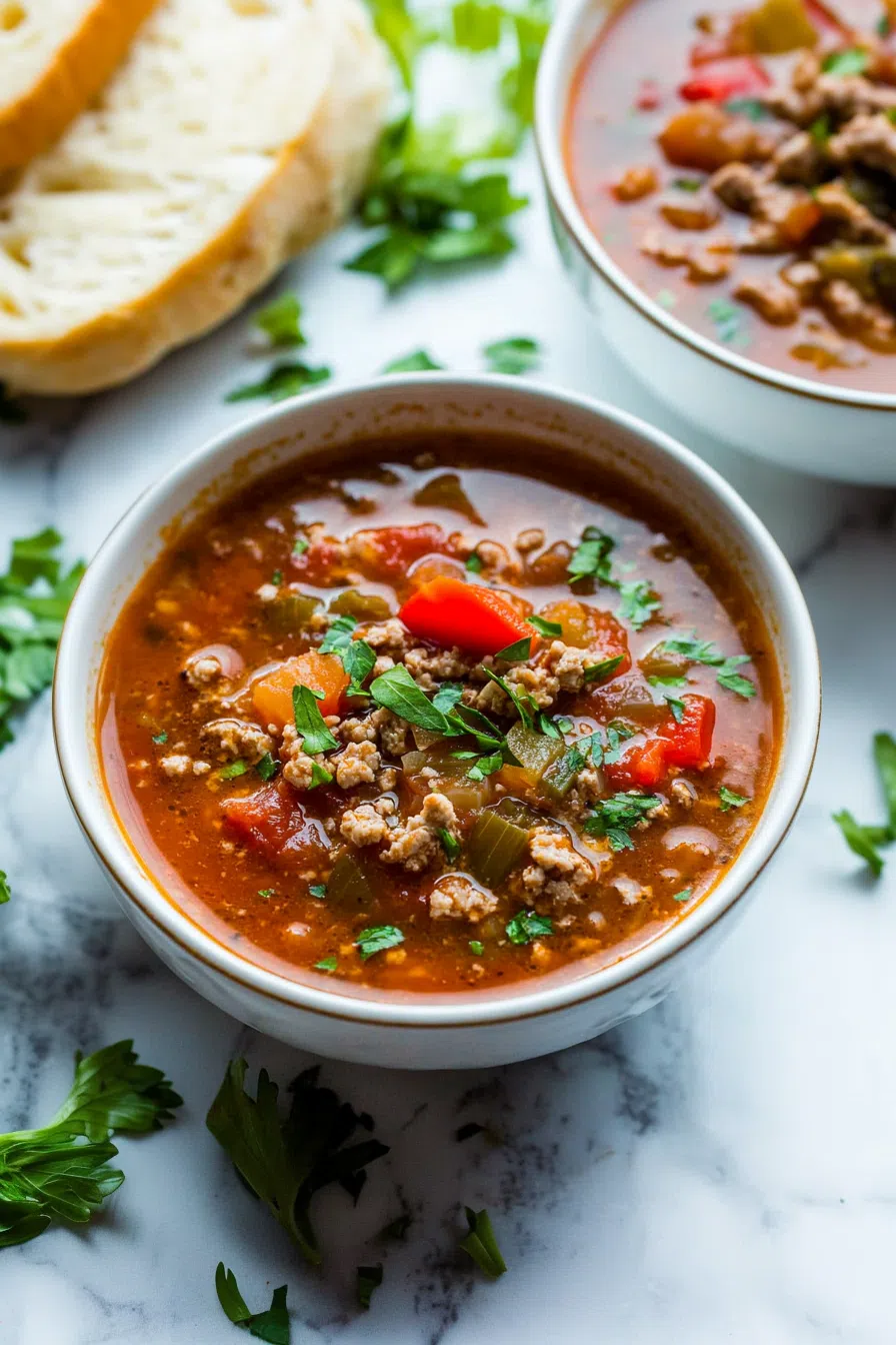A hearty bowl of tomato-based soup with ground meat, rice, and colorful bell peppers.
