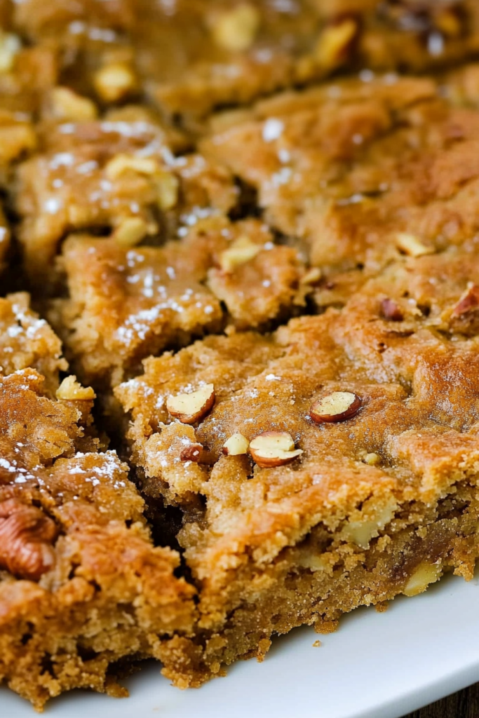 Close-up of a moist, dense slice of pecan-filled bread on a plate.