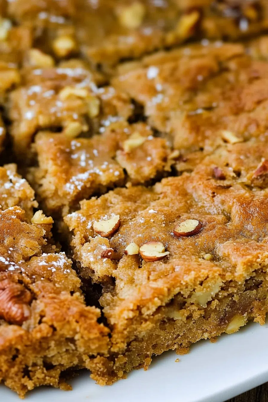 Close-up of a moist, dense slice of pecan-filled bread on a plate.