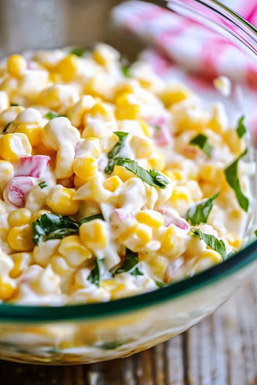 Close-up of a colorful summer salad with corn, tomatoes, and creamy dressing.