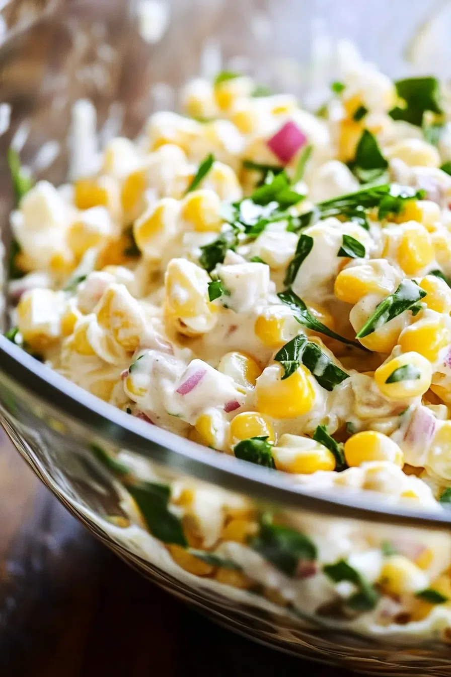 A vibrant bowl filled with a mix of corn, diced peppers, and fresh herbs.