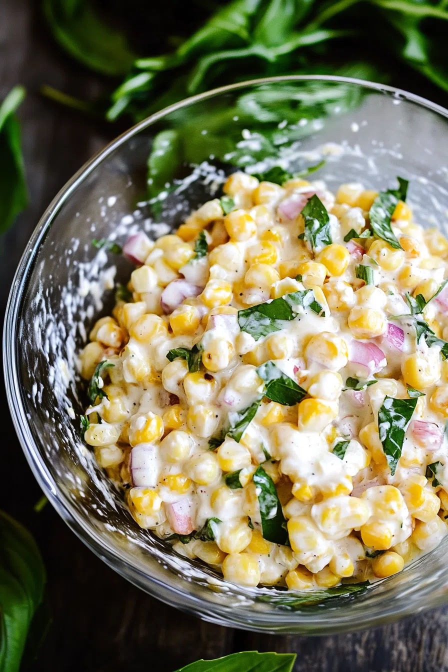 A colorful salad with fresh corn, diced peppers, and herbs in a serving bowl.