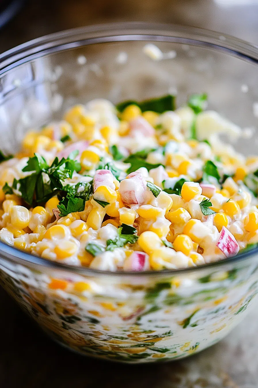 Chilled corn salad in a white bowl, garnished with chopped green onions.