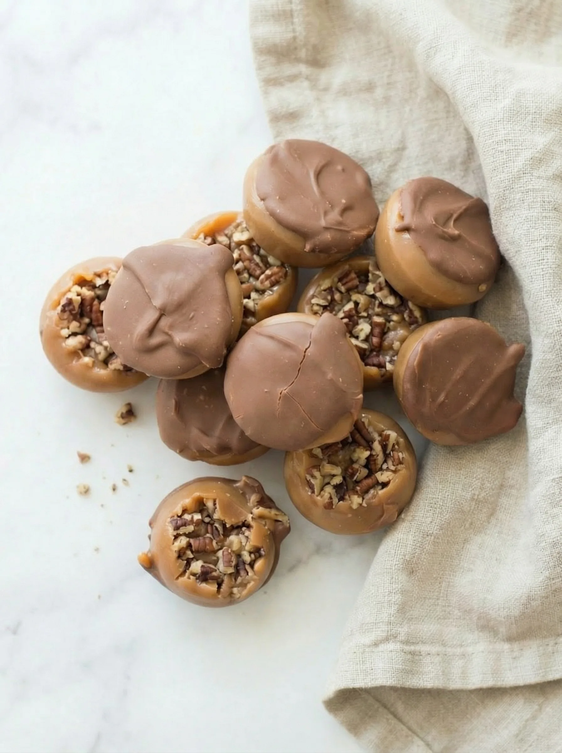 Sweet Georgia Browns arranged on a white marble surface with a soft linen cloth