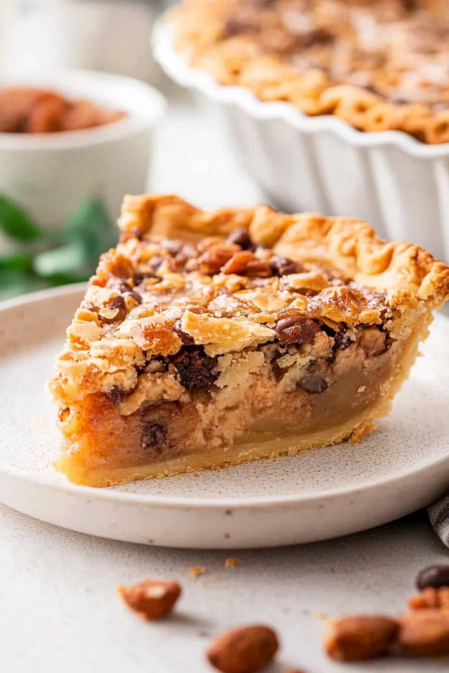 Slice of loaded pie filled with chocolate, coconut, and pecans on a white plate.