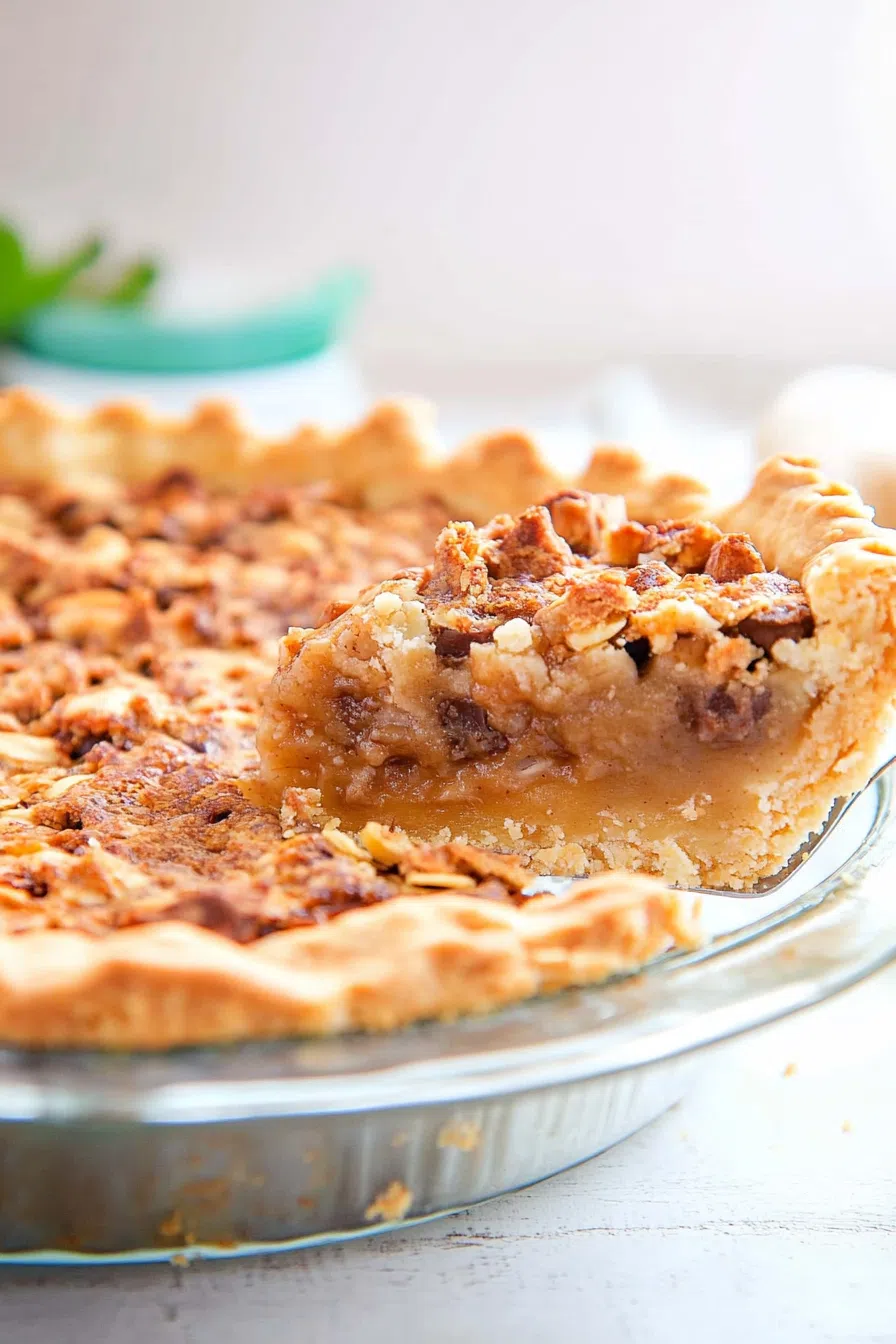 Pie served in a rustic tin with visible textures of nuts and sweet mix-ins.