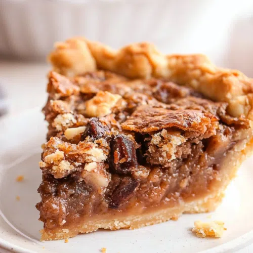 Close-up of gooey pie interior showing melted chocolate and crunchy layers.