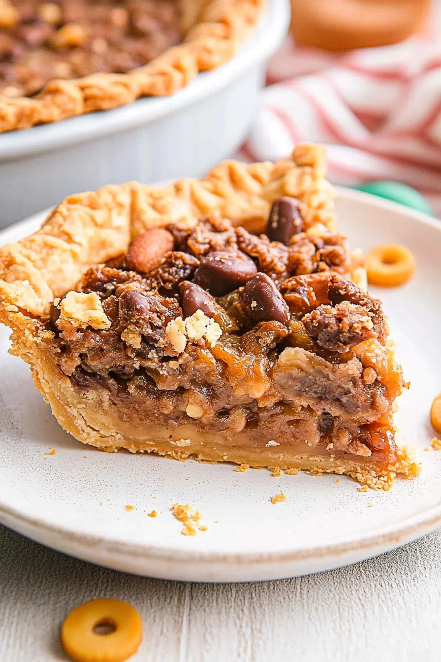 Golden-brown dessert slice with gooey chocolate and crunchy nut filling on a white plate.