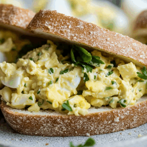 Open-faced sandwich topped with a creamy mixture and herbs.