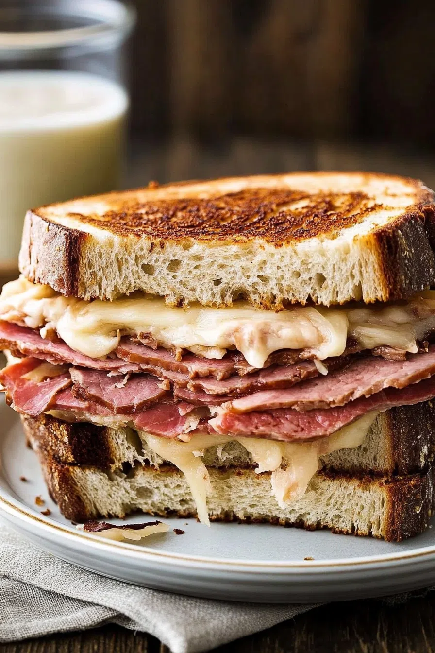 Hot sandwich served on a rustic board with napkins and a drink in the background.