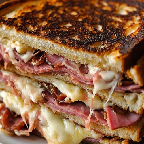 Golden grilled sandwich cut in half with melted cheese oozing out.