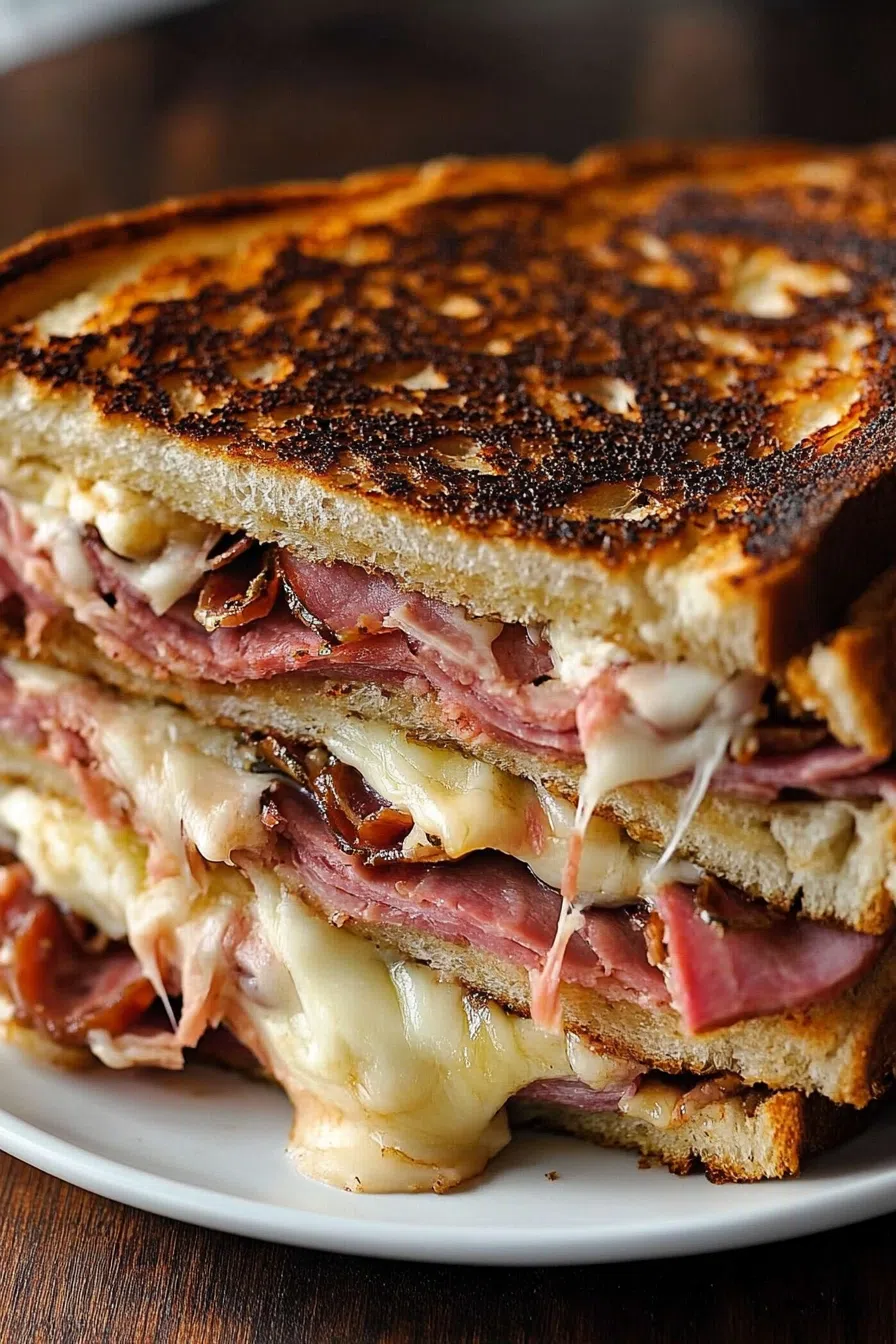 Golden grilled sandwich cut in half with melted cheese oozing out.