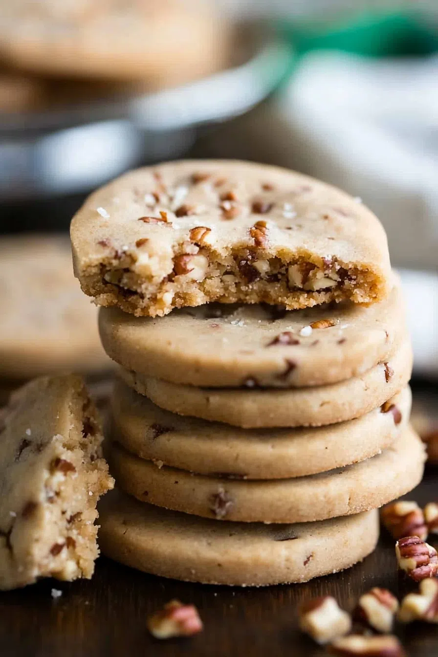 Close-up of a crumbly, buttery cookie with a slightly crisp edge.