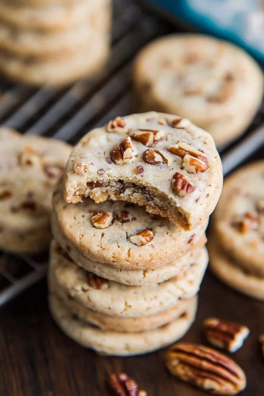A batch of baked cookies cooling on a wire rack with a few crumbs scattered.