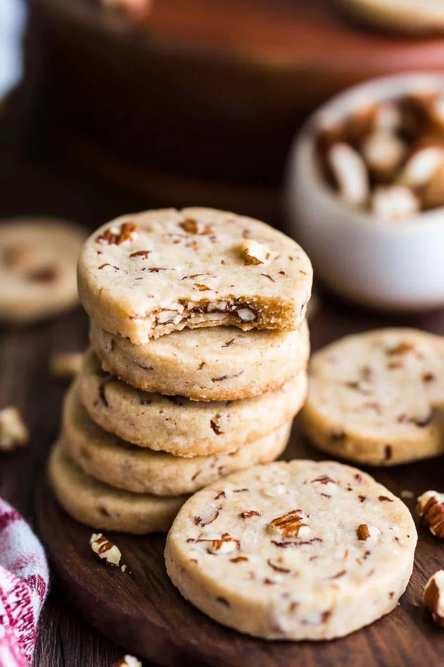 Crumbly round cookies with golden edges and bits of nut throughout.