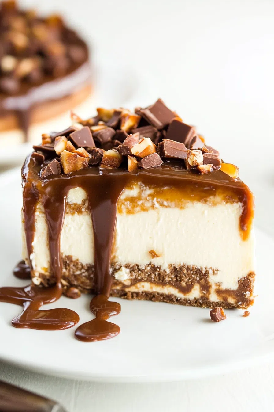 Gooey caramel dripping over a smooth, chocolate-topped cake.