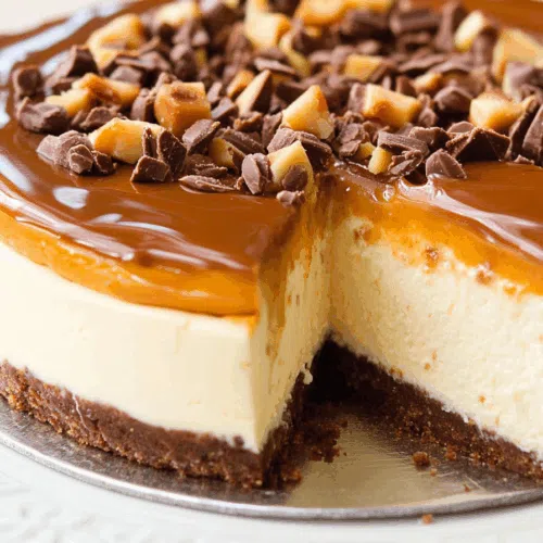 Close-up of a slice showing creamy layers and caramel swirls.