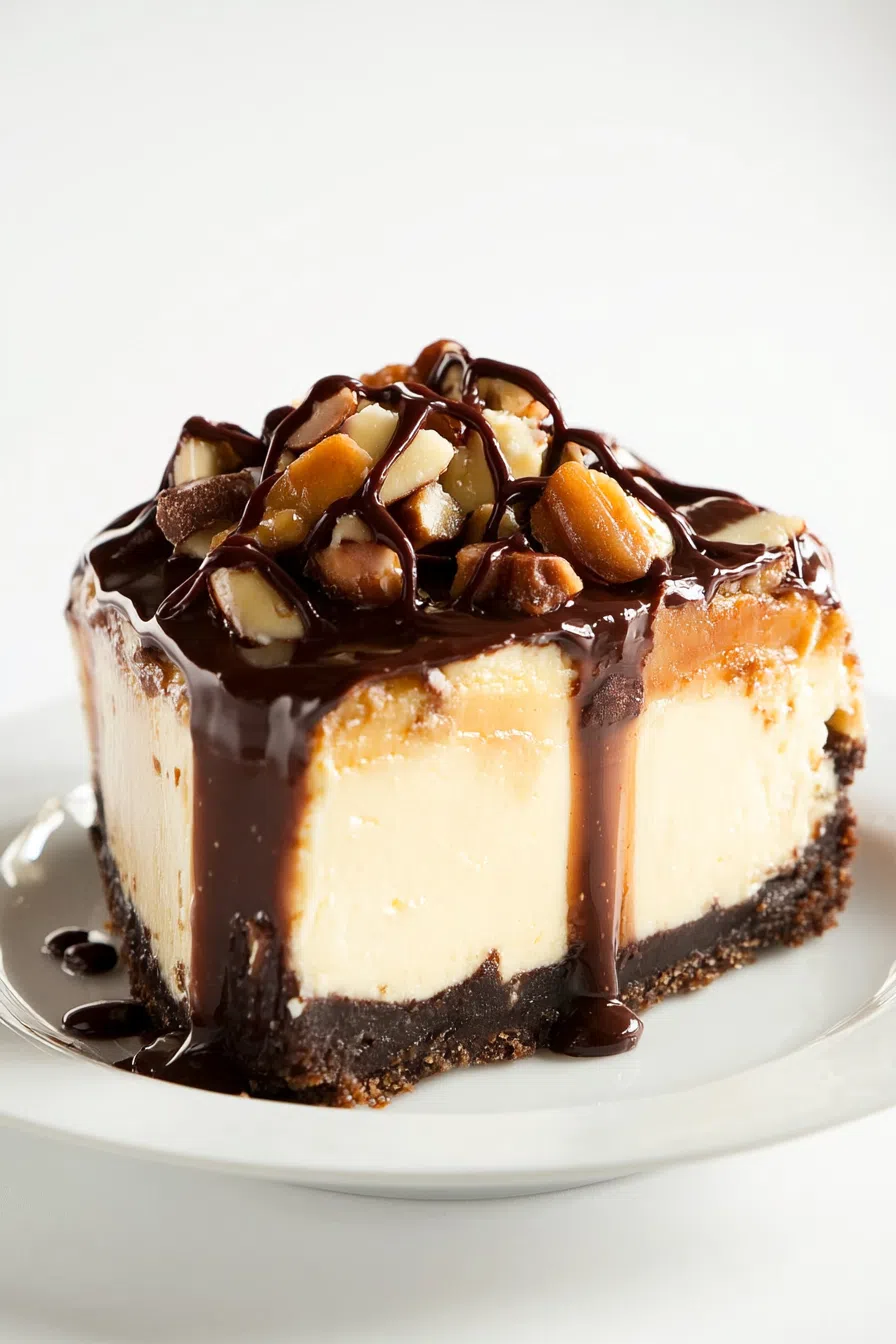 Close-up showing caramel sauce melting over a smooth dessert surface.