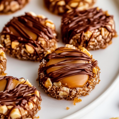 A close-up of chocolate-drizzled cookies topped with chopped nuts.
