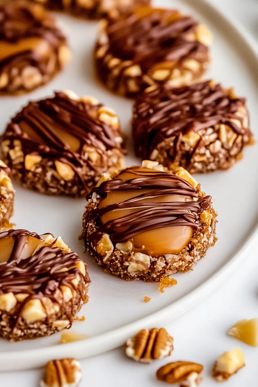 A close-up of chocolate-drizzled cookies topped with chopped nuts.