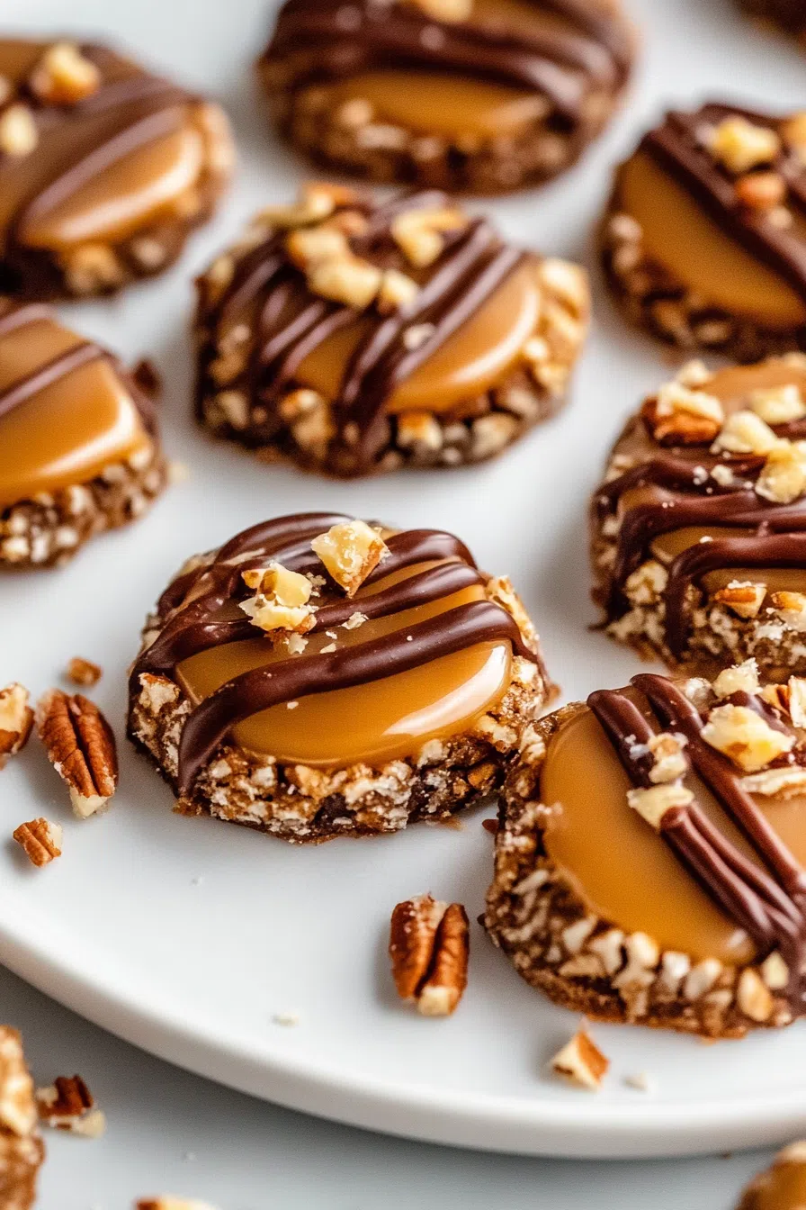 Close-up of chocolate-drizzled cookies with a caramel center and chopped nuts.