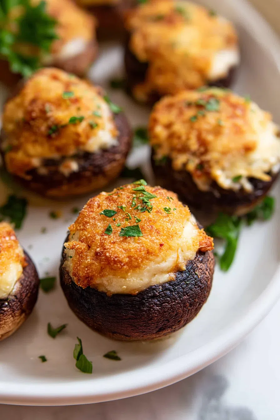 Crispy stuffed mushrooms fresh from the air fryer, displayed on a white plate.