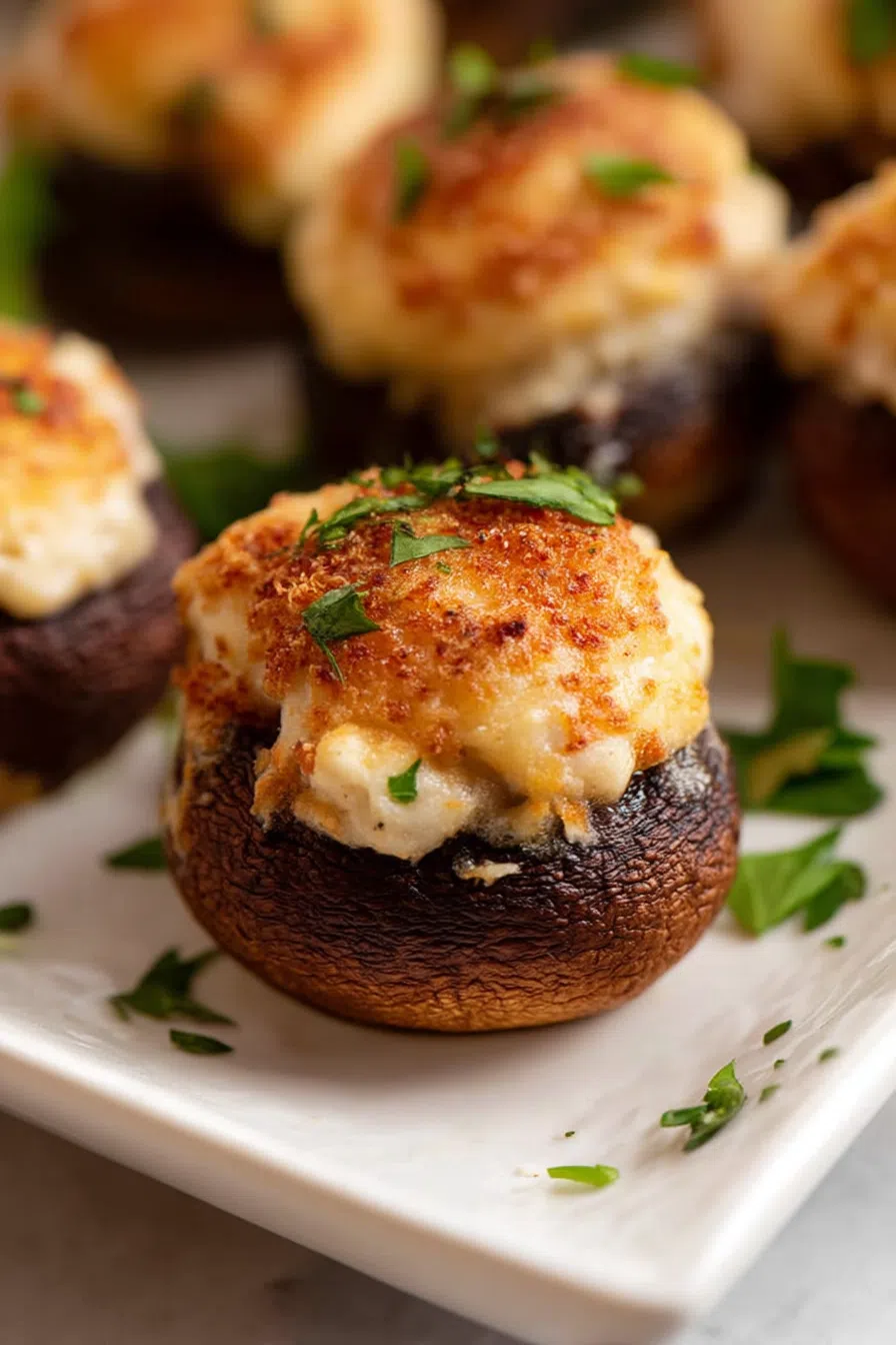 Close-up of golden mushroom caps filled with a creamy, herb-speckled mixture.