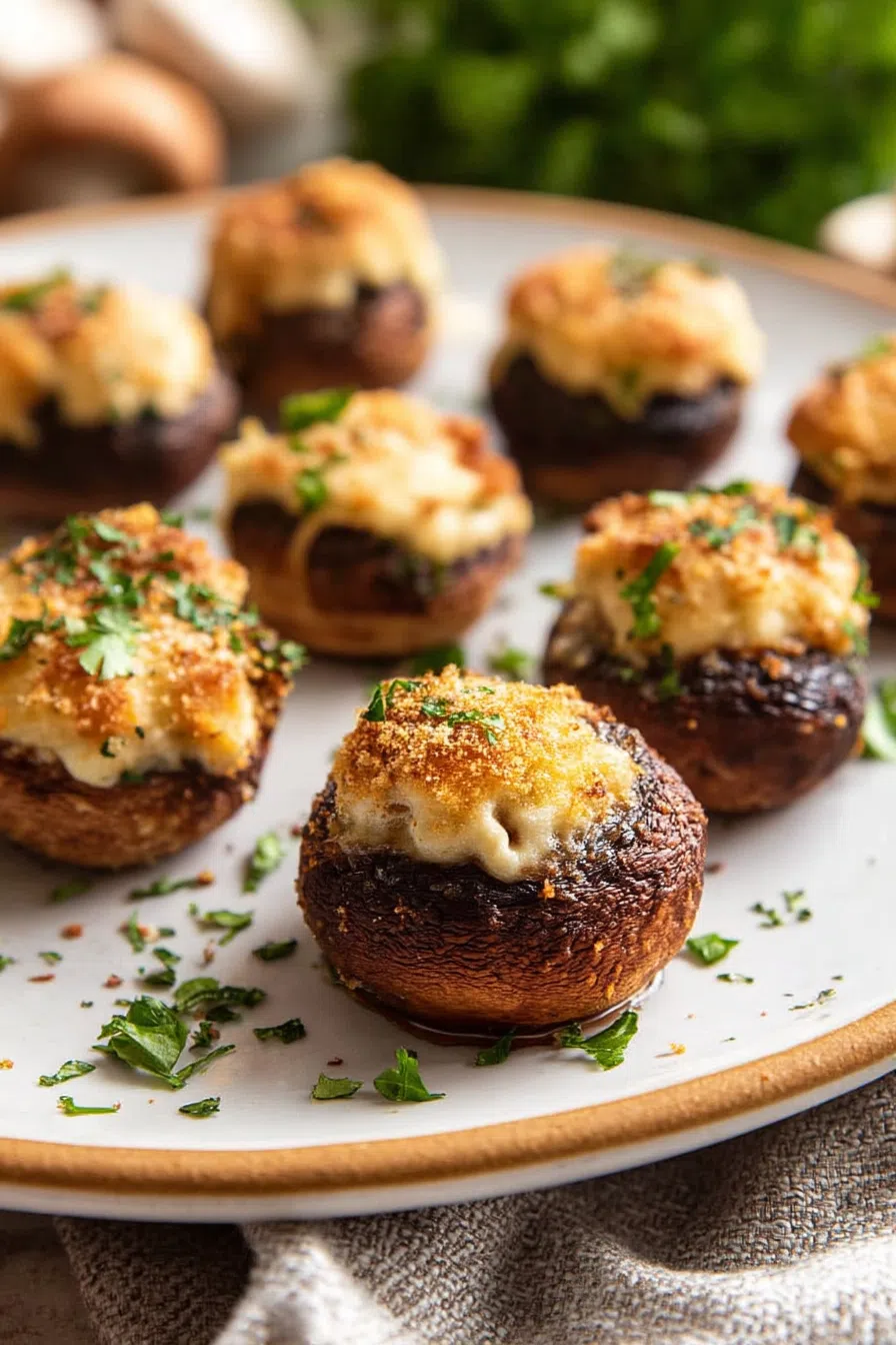 Creamy-filled mushrooms fresh out of the air fryer, ready to serve.