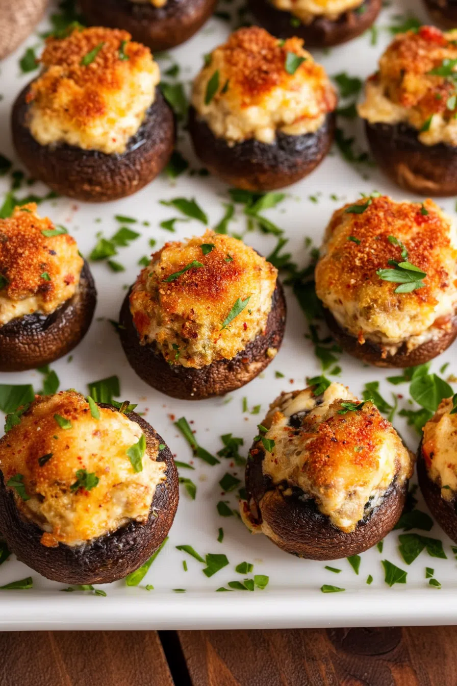 Overhead shot of bite-sized appetizers arranged neatly on a white serving platter.