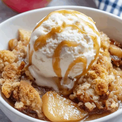 Golden-brown baked dessert with a flaky topping and warm filling beneath.